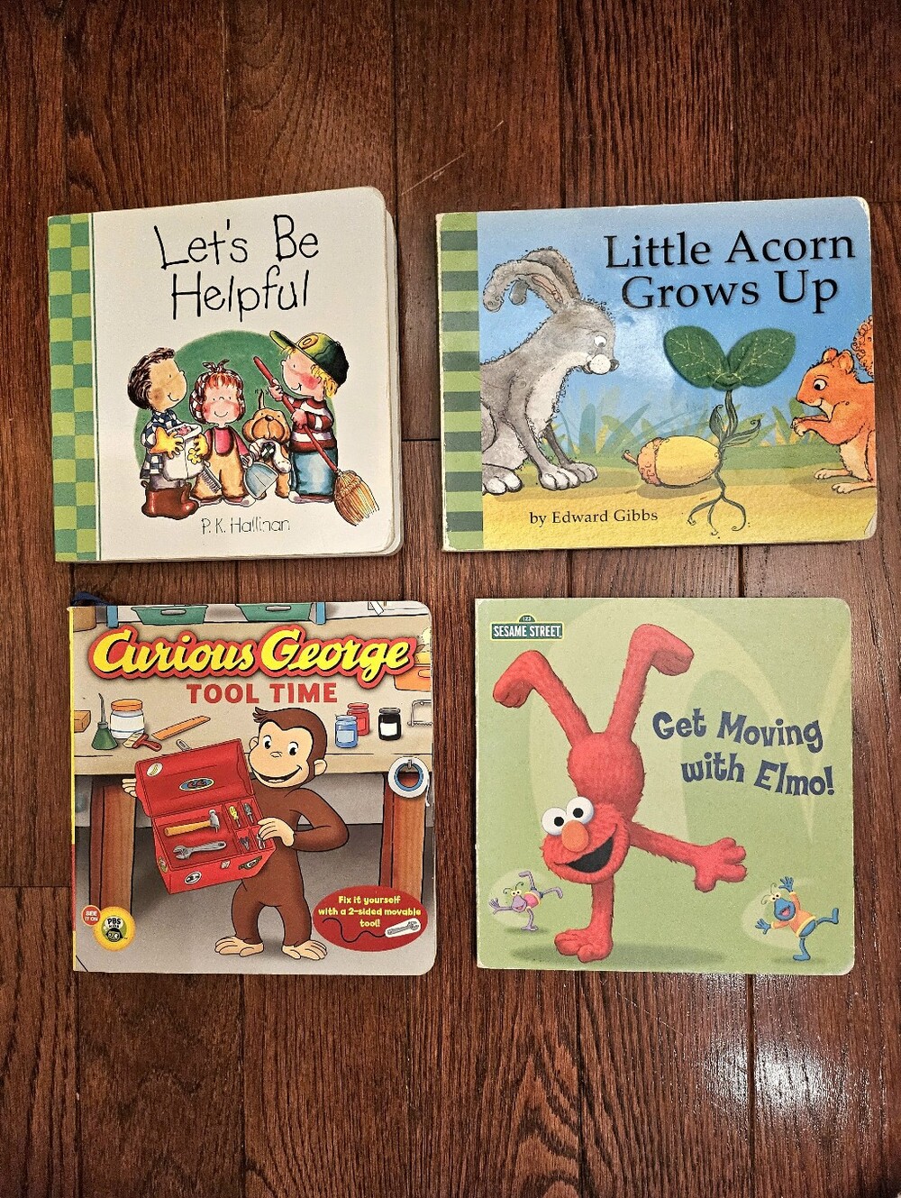 4 Board Books Curious George, Elmo, How To Be Good and Smart.